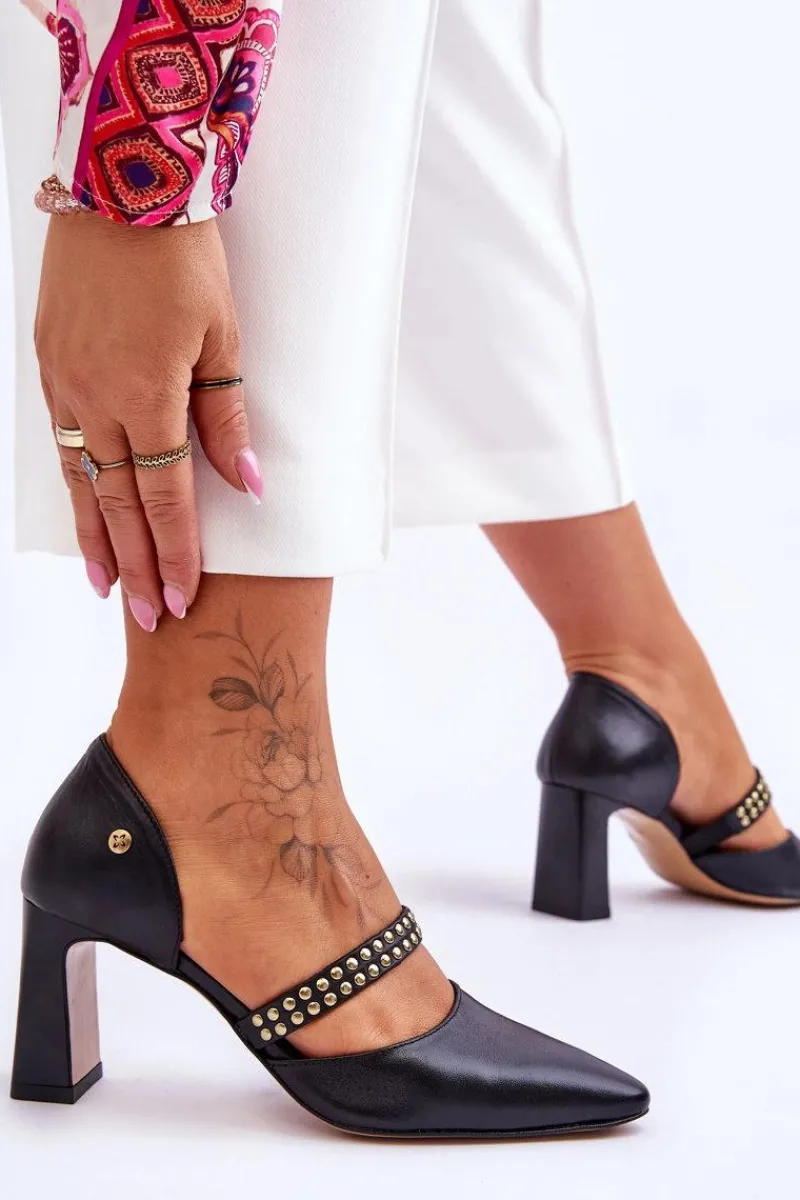 Outlet Skórzane Czółenka Z Paskiem 05950-01 Czarne Damskie Czółenka Na Słupku|Czółenka Klasyczne