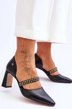 Outlet Skórzane Czółenka Z Paskiem 05950-01 Czarne Damskie Czółenka Na Słupku|Czółenka Klasyczne