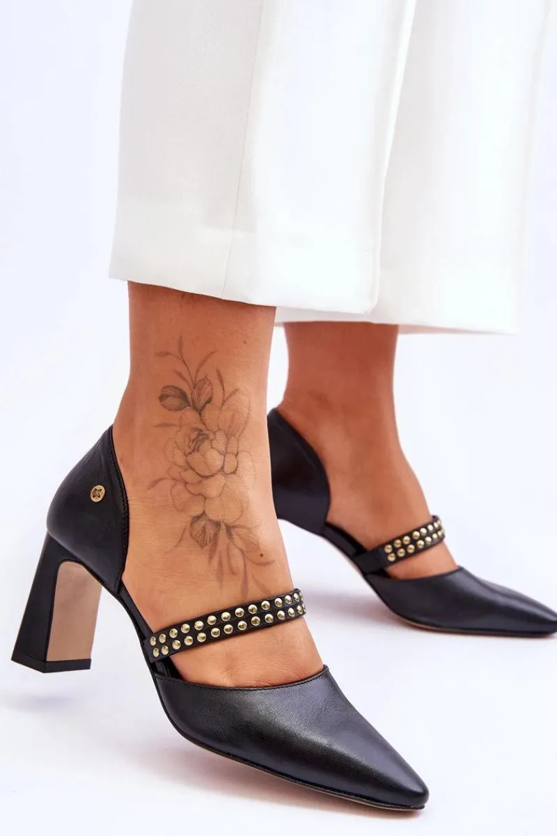 Outlet Skórzane Czółenka Z Paskiem 05950-01 Czarne Damskie Czółenka Na Słupku|Czółenka Klasyczne