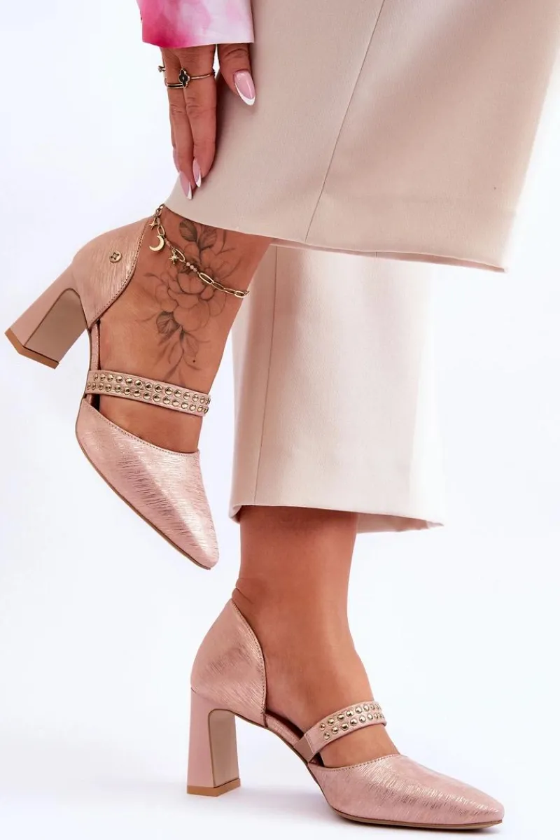 Outlet Skórzane Czółenka Z Paskiem 05950-33 Różowe Damskie Czółenka Na Słupku|Czółenka Klasyczne