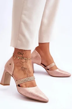 Outlet Skórzane Czółenka Z Paskiem 05950-33 Różowe Damskie Czółenka Na Słupku|Czółenka Klasyczne