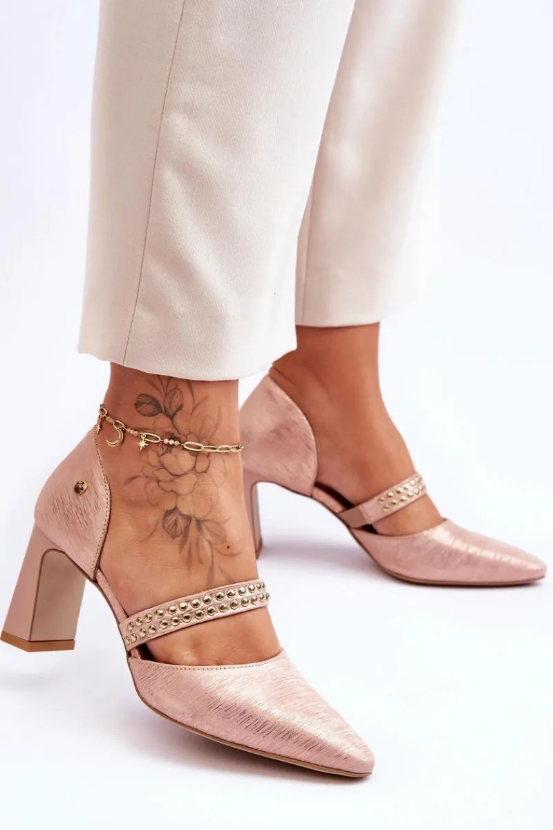 Outlet Skórzane Czółenka Z Paskiem 05950-33 Różowe Damskie Czółenka Na Słupku|Czółenka Klasyczne