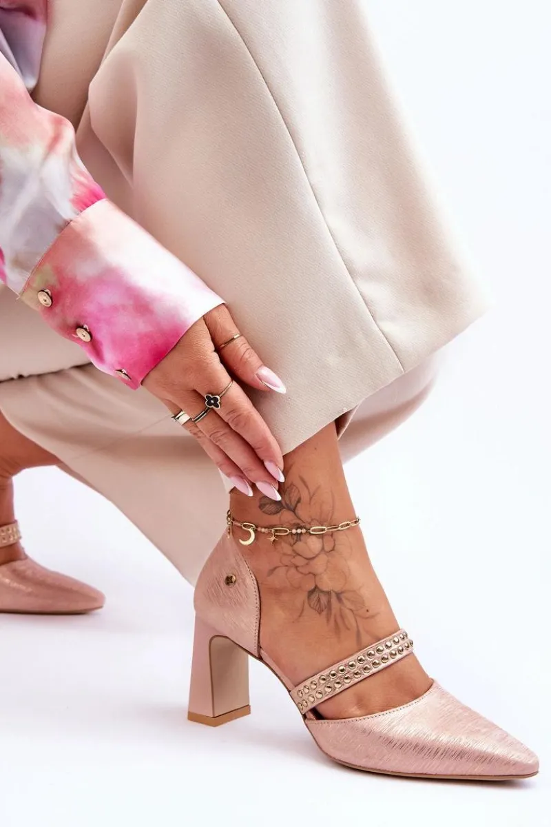 Outlet Skórzane Czółenka Z Paskiem 05950-33 Różowe Damskie Czółenka Na Słupku|Czółenka Klasyczne