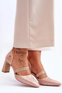 Outlet Skórzane Czółenka Z Paskiem 05950-33 Różowe Damskie Czółenka Na Słupku|Czółenka Klasyczne