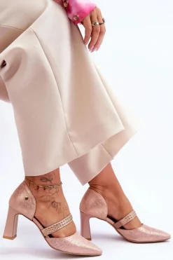 Outlet Skórzane Czółenka Z Paskiem 05950-33 Różowe Damskie Czółenka Na Słupku|Czółenka Klasyczne