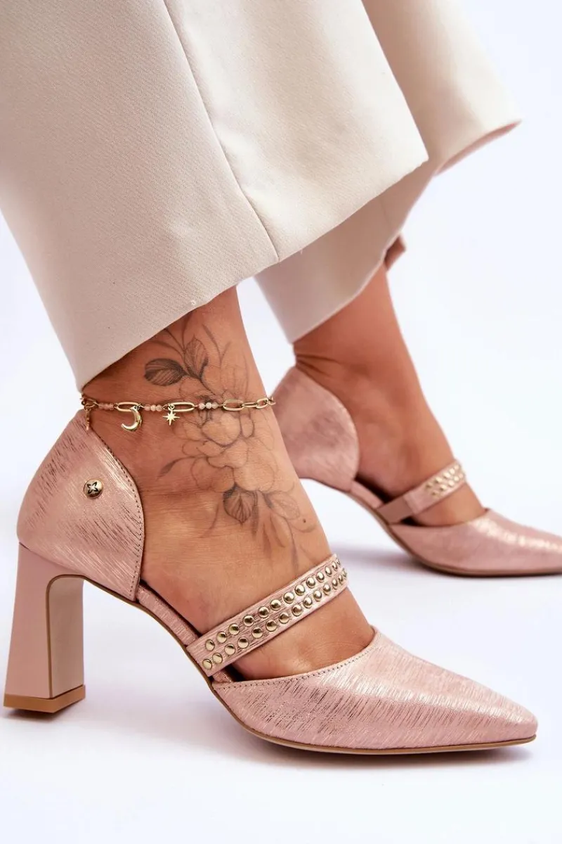 Outlet Skórzane Czółenka Z Paskiem 05950-33 Różowe Damskie Czółenka Na Słupku|Czółenka Klasyczne