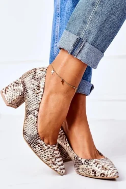 Boto Skórzane Czółenka Z Wężowym Wzorem Lewski Shoes 2801 Złote