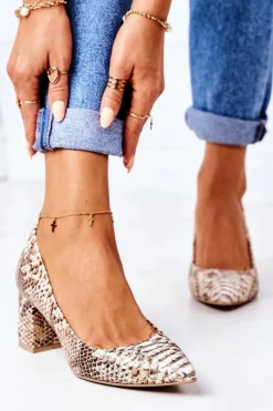 Boto Skórzane Czółenka Z Wężowym Wzorem Lewski Shoes 2801 Złote