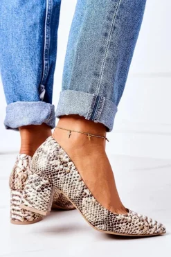 Boto Skórzane Czółenka Z Wężowym Wzorem Lewski Shoes 2801 Złote