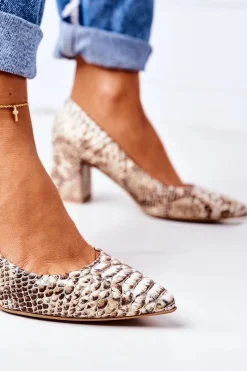 Boto Skórzane Czółenka Z Wężowym Wzorem Lewski Shoes 2801 Złote