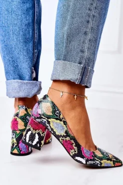 Skórzane Czółenka Z Wężowym Wzorem Lewski Shoes 2801 Kolorowe Damskie Czółenka Na Słupku