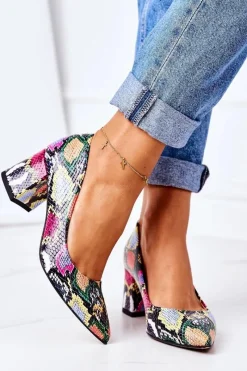 Skórzane Czółenka Z Wężowym Wzorem Lewski Shoes 2801 Kolorowe Damskie Czółenka Na Słupku