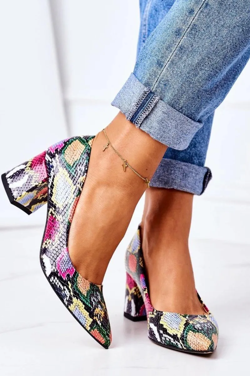 Skórzane Czółenka Z Wężowym Wzorem Lewski Shoes 2801 Kolorowe Damskie Czółenka Na Słupku