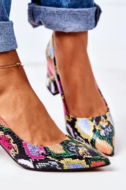Skórzane Czółenka Z Wężowym Wzorem Lewski Shoes 2801 Kolorowe Damskie Czółenka Na Słupku