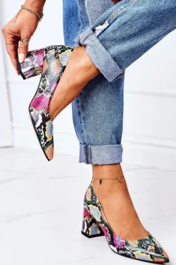 Skórzane Czółenka Z Wężowym Wzorem Lewski Shoes 2801 Kolorowe Damskie Czółenka Na Słupku