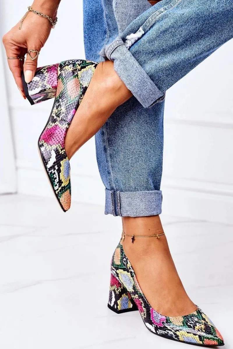 Skórzane Czółenka Z Wężowym Wzorem Lewski Shoes 2801 Kolorowe Damskie Czółenka Na Słupku