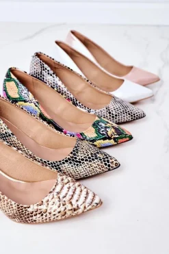 Skórzane Czółenka Z Wężowym Wzorem Lewski Shoes 2801 Kolorowe Damskie Czółenka Na Słupku