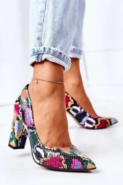 Outlet Skórzane Czółenka Z Wężowym Wzorem Lewski Shoes 2453 Kolorowe Damskie Czółenka Na Słupku