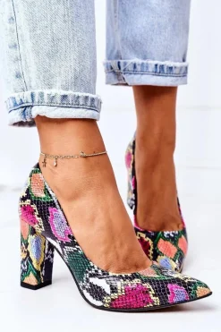 Outlet Skórzane Czółenka Z Wężowym Wzorem Lewski Shoes 2453 Kolorowe Damskie Czółenka Na Słupku