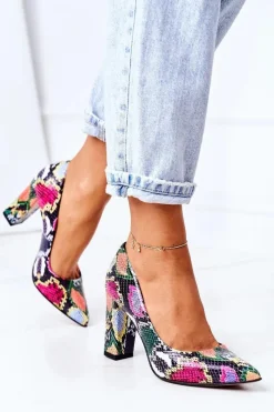 Outlet Skórzane Czółenka Z Wężowym Wzorem Lewski Shoes 2453 Kolorowe Damskie Czółenka Na Słupku