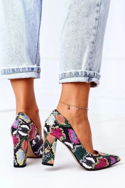 Outlet Skórzane Czółenka Z Wężowym Wzorem Lewski Shoes 2453 Kolorowe Damskie Czółenka Na Słupku
