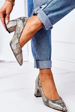 Hot Boto Skórzane Czółenka Ze Zwierzęcym Wzorem Lewski Shoes 2801 Czarno-Beżowe