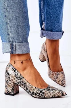 Hot Boto Skórzane Czółenka Ze Zwierzęcym Wzorem Lewski Shoes 2801 Czarno-Beżowe