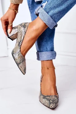 Hot Boto Skórzane Czółenka Ze Zwierzęcym Wzorem Lewski Shoes 2801 Czarno-Beżowe