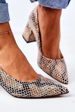 Hot Boto Skórzane Czółenka Ze Zwierzęcym Wzorem Lewski Shoes 2801 Czarno-Beżowe