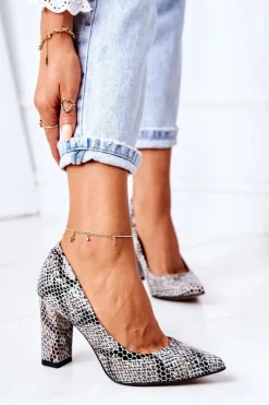 Czółenka Na Słupku>Boto Skórzane Czółenka Ze Zwierzęcym Wzorem Lewski Shoes 2453 Czarno-Niebieskie