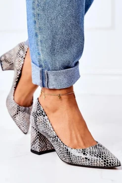 Czółenka Na Słupku>Boto Skórzane Czółenka Ze Zwierzęcym Wzorem Lewski Shoes 2801 Czarno-Niebieskie