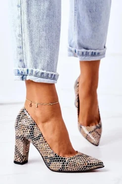 Hot Boto Skórzane Czółenka Ze Zwierzęcym Wzorem Lewski Shoes 2453 Czarno-Beżowe