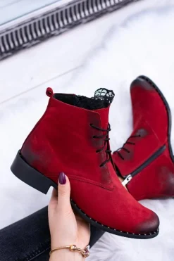 Botki Sznurowane|Botki Zimowe Damskie>Boto Skórzane Czerwone Damskie Botki Z Koronką Millano