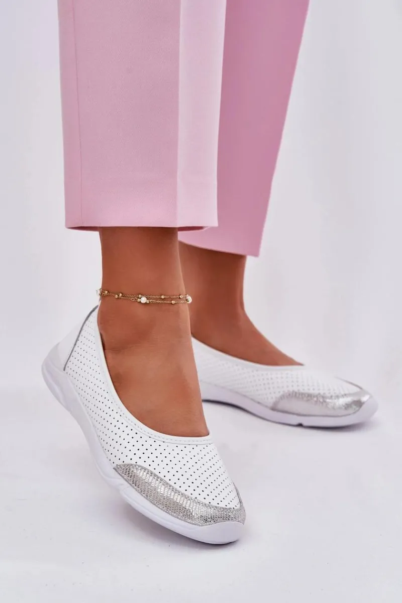 Discount Evento Skórzane Damskie Ażurowe Baleriny Białe Lucy