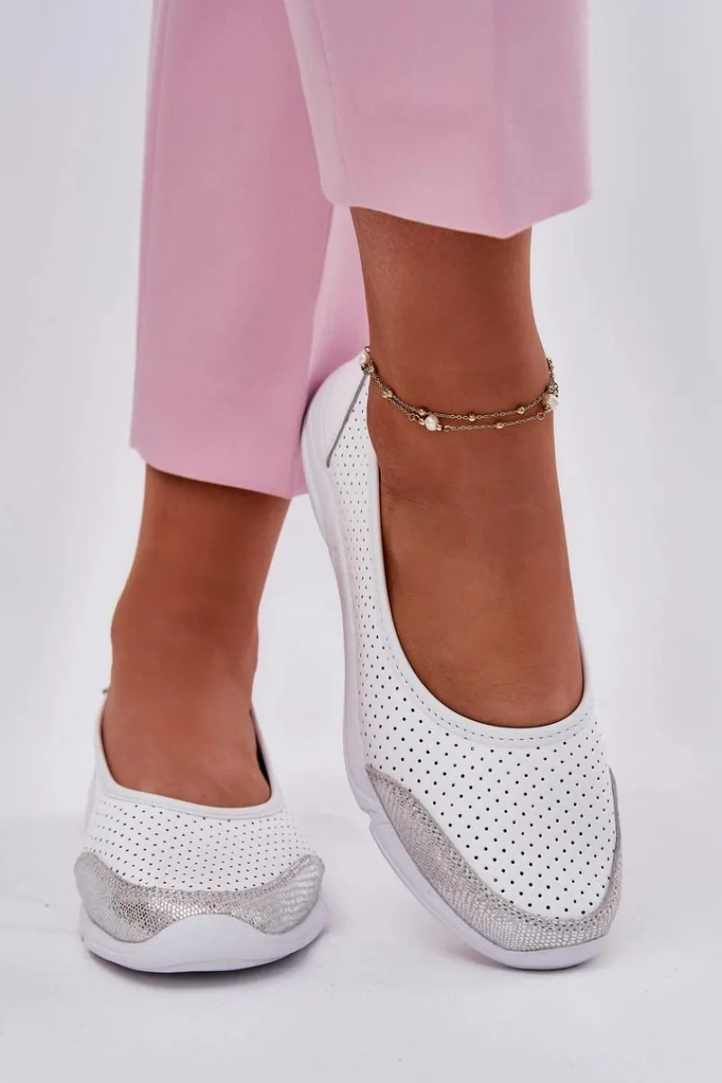 Discount Evento Skórzane Damskie Ażurowe Baleriny Białe Lucy