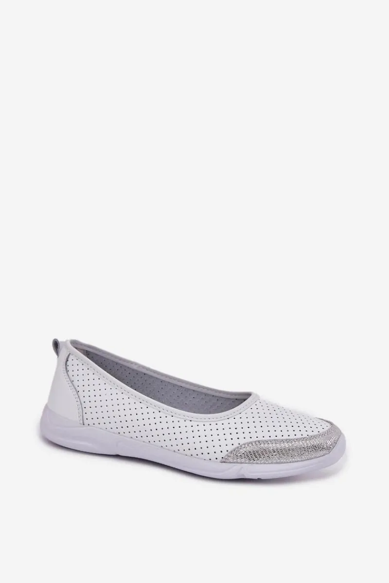 Discount Evento Skórzane Damskie Ażurowe Baleriny Białe Lucy