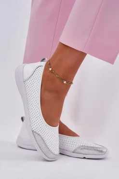 Discount Evento Skórzane Damskie Ażurowe Baleriny Białe Lucy