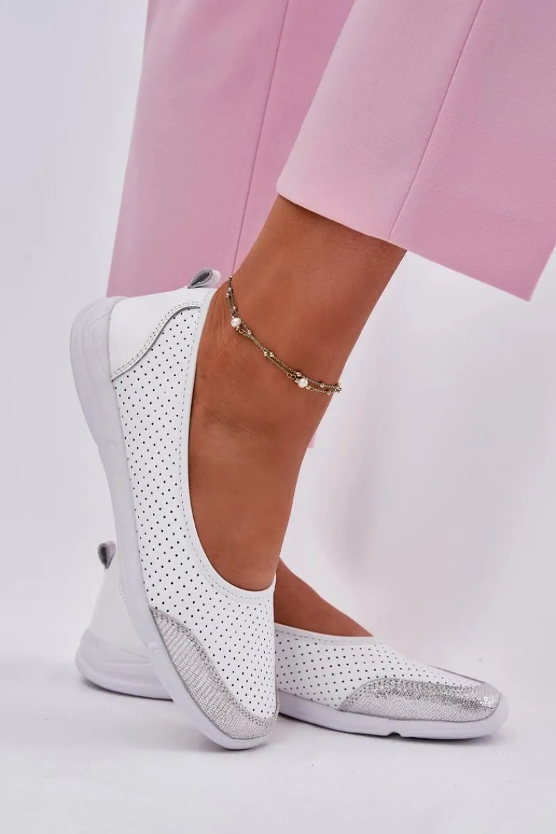 Discount Evento Skórzane Damskie Ażurowe Baleriny Białe Lucy