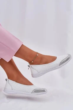 Discount Evento Skórzane Damskie Ażurowe Baleriny Białe Lucy
