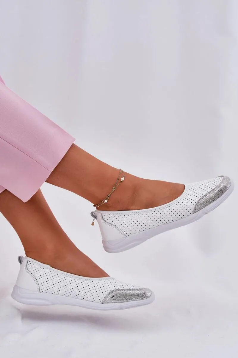 Discount Evento Skórzane Damskie Ażurowe Baleriny Białe Lucy