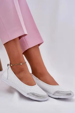 Discount Evento Skórzane Damskie Ażurowe Baleriny Białe Lucy