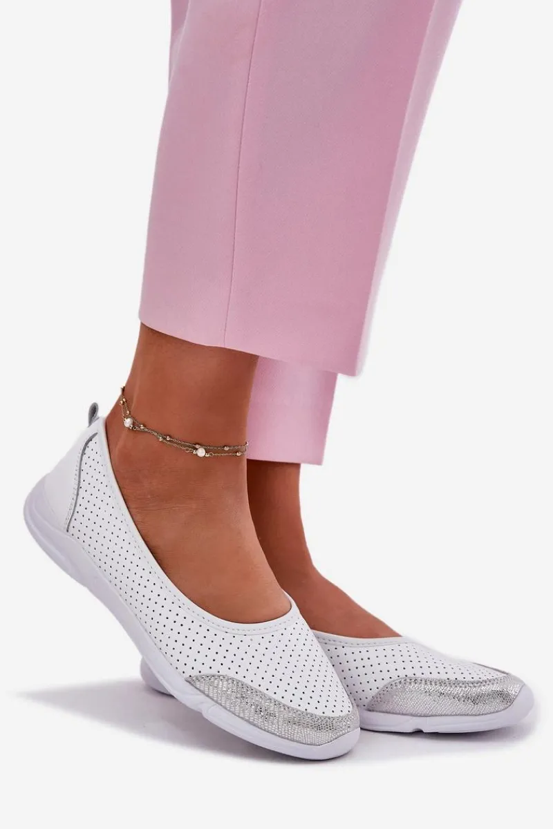 Discount Evento Skórzane Damskie Ażurowe Baleriny Białe Lucy