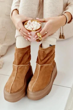 Sale Zazoo Skórzane Damskie Botki Na Masywnej Podeszwie Camel 3424 Brązowy