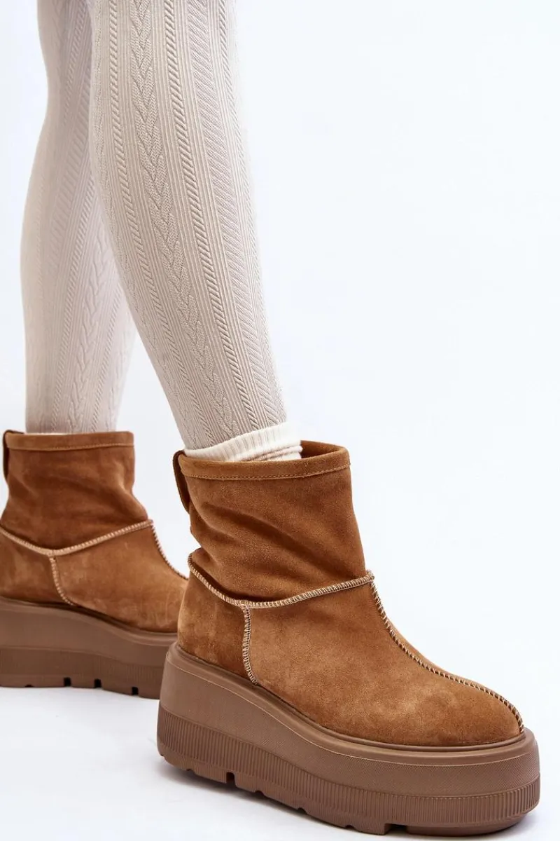 Sale Zazoo Skórzane Damskie Botki Na Masywnej Podeszwie Camel 3424 Brązowy