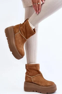 Sale Zazoo Skórzane Damskie Botki Na Masywnej Podeszwie Camel 3424 Brązowy