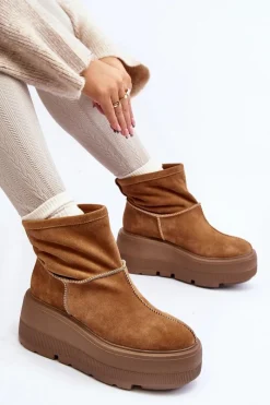 Sale Zazoo Skórzane Damskie Botki Na Masywnej Podeszwie Camel 3424 Brązowy