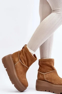 Sale Zazoo Skórzane Damskie Botki Na Masywnej Podeszwie Camel 3424 Brązowy