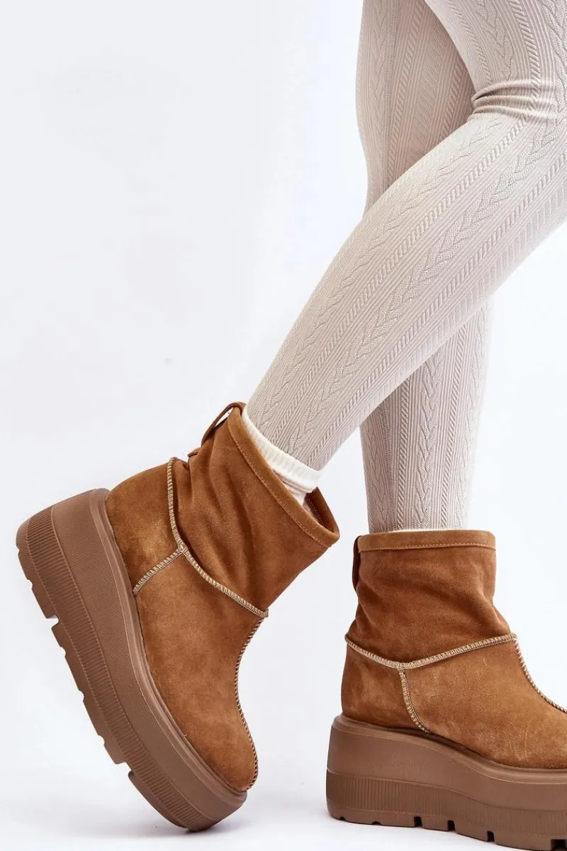 Sale Zazoo Skórzane Damskie Botki Na Masywnej Podeszwie Camel 3424 Brązowy