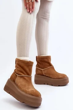 Sale Zazoo Skórzane Damskie Botki Na Masywnej Podeszwie Camel 3424 Brązowy
