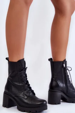 New Boto Skórzane Damskie Botki Na Obcasie Czarne Lemar Rea